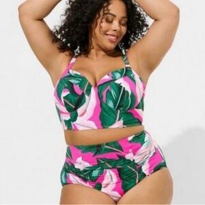 Torrid Pink and Green Leaf Print bikini top